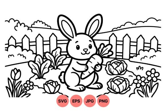 Cute Bunny Garden Coloring SVG: Graphics for Creative Sellers