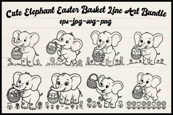 Cute Elephant Easter Basket Line Art Graphics