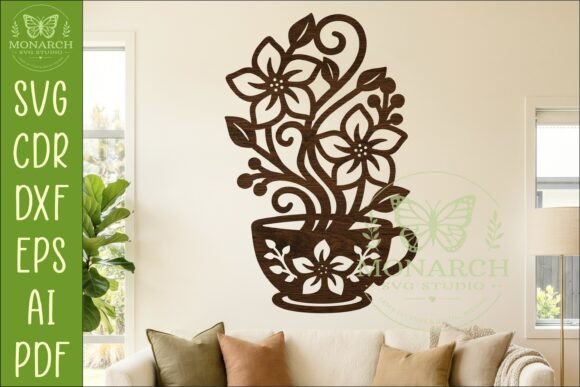 Floral Coffee Cup Wall Art SVG, Kitchen